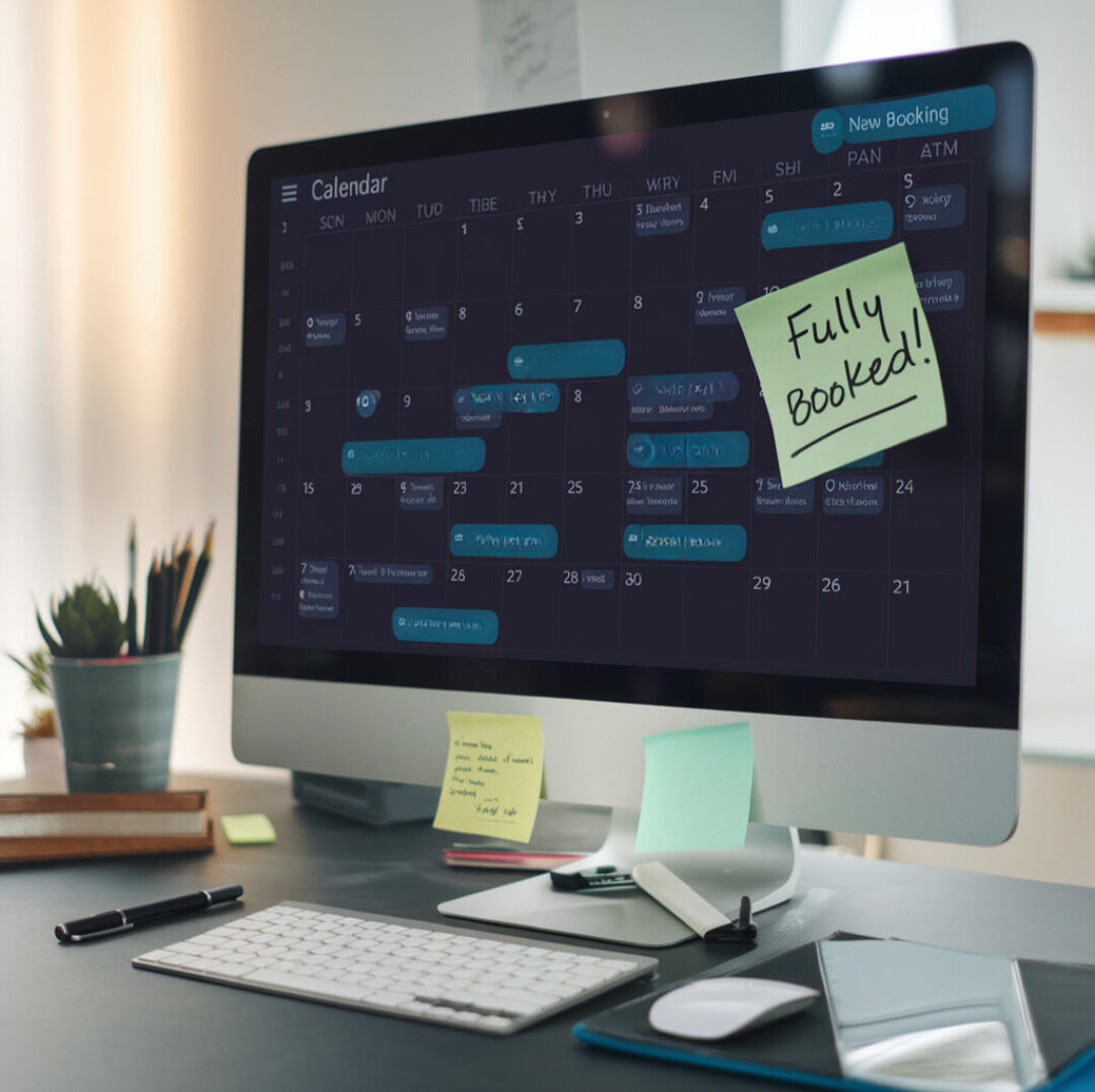 A computer screen with appointments and a post it with Fully booked! written on it.